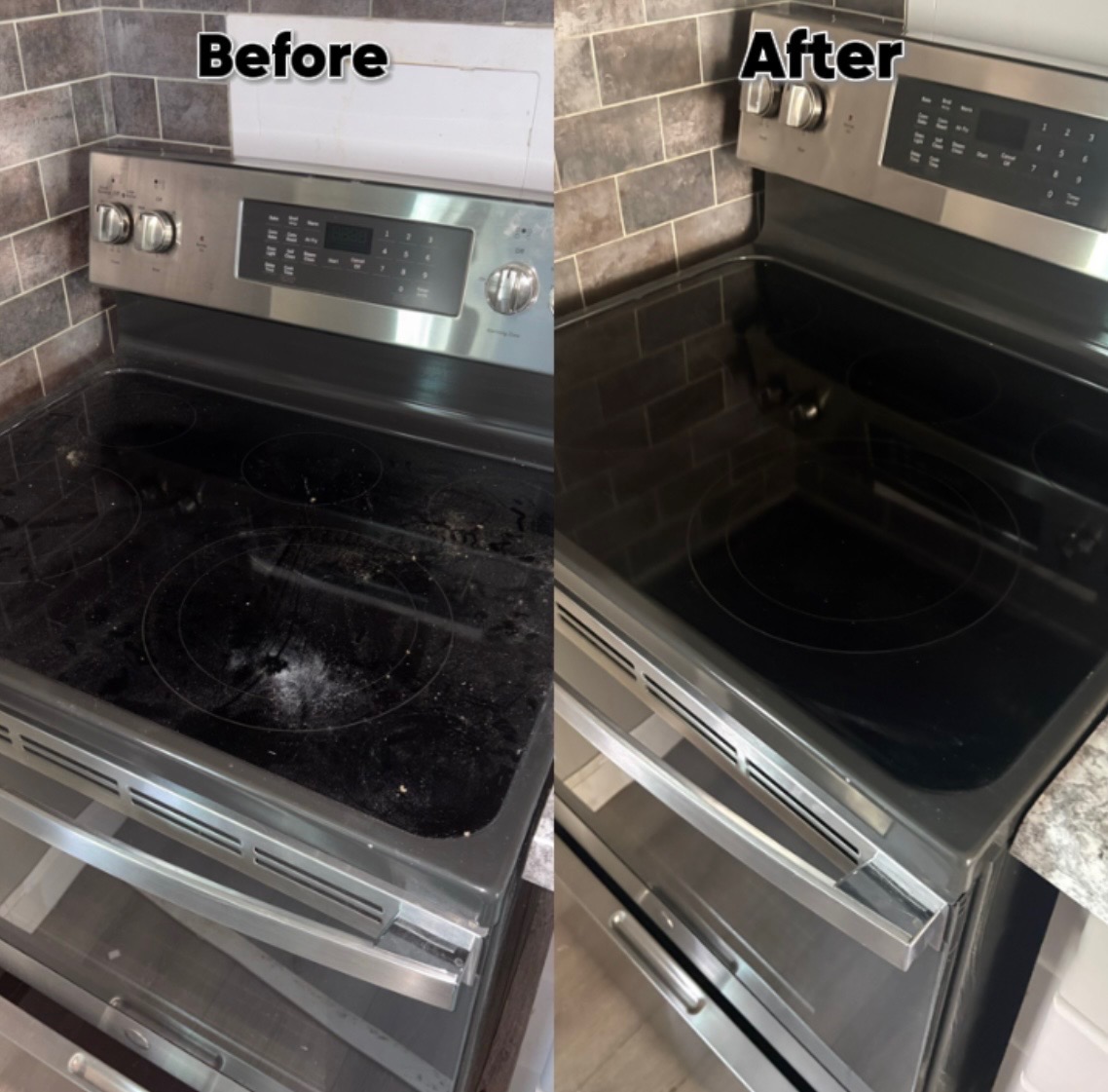 Before and after professional cleaning of a glass cooktop