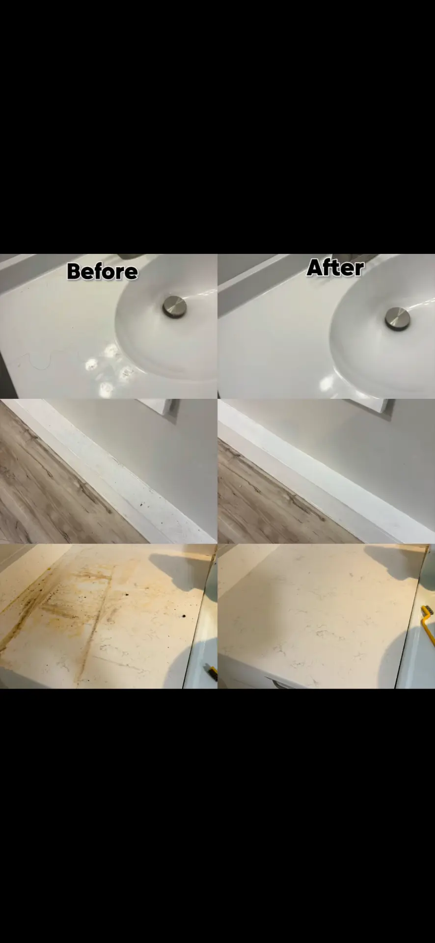 Before and after cleaning of bathroom surfaces and trim
