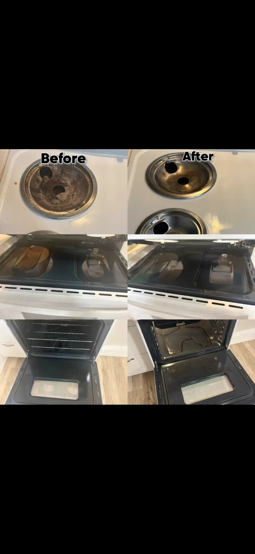 Before and after deep cleaning of an oven and stovetop