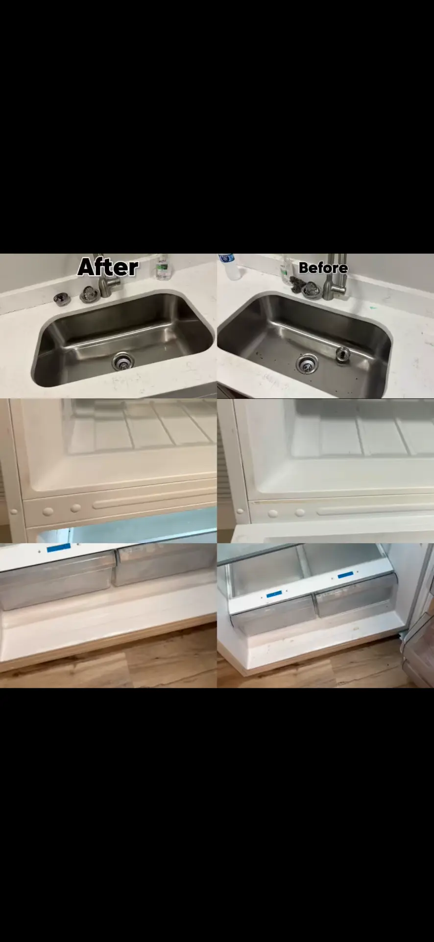 Before and after cleaning of a kitchen sink and refrigerator