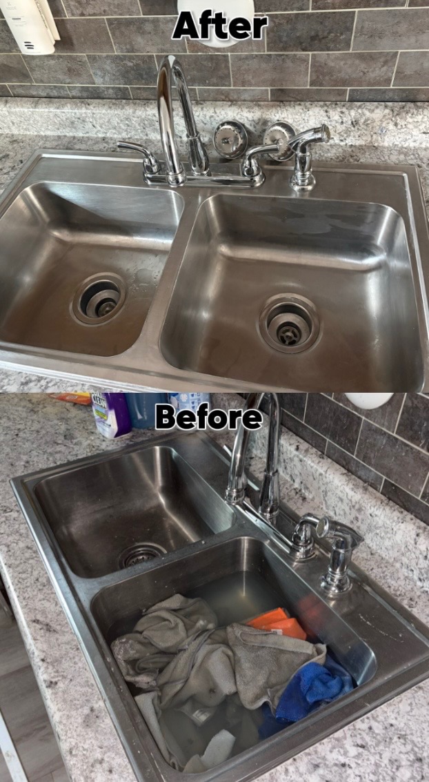 Before and after deep cleaning of a stainless steel kitchen sink