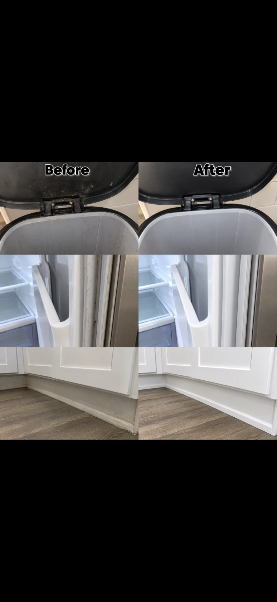 Before and after cleaning details on a bin, refrigerator, and kitchen cabinets