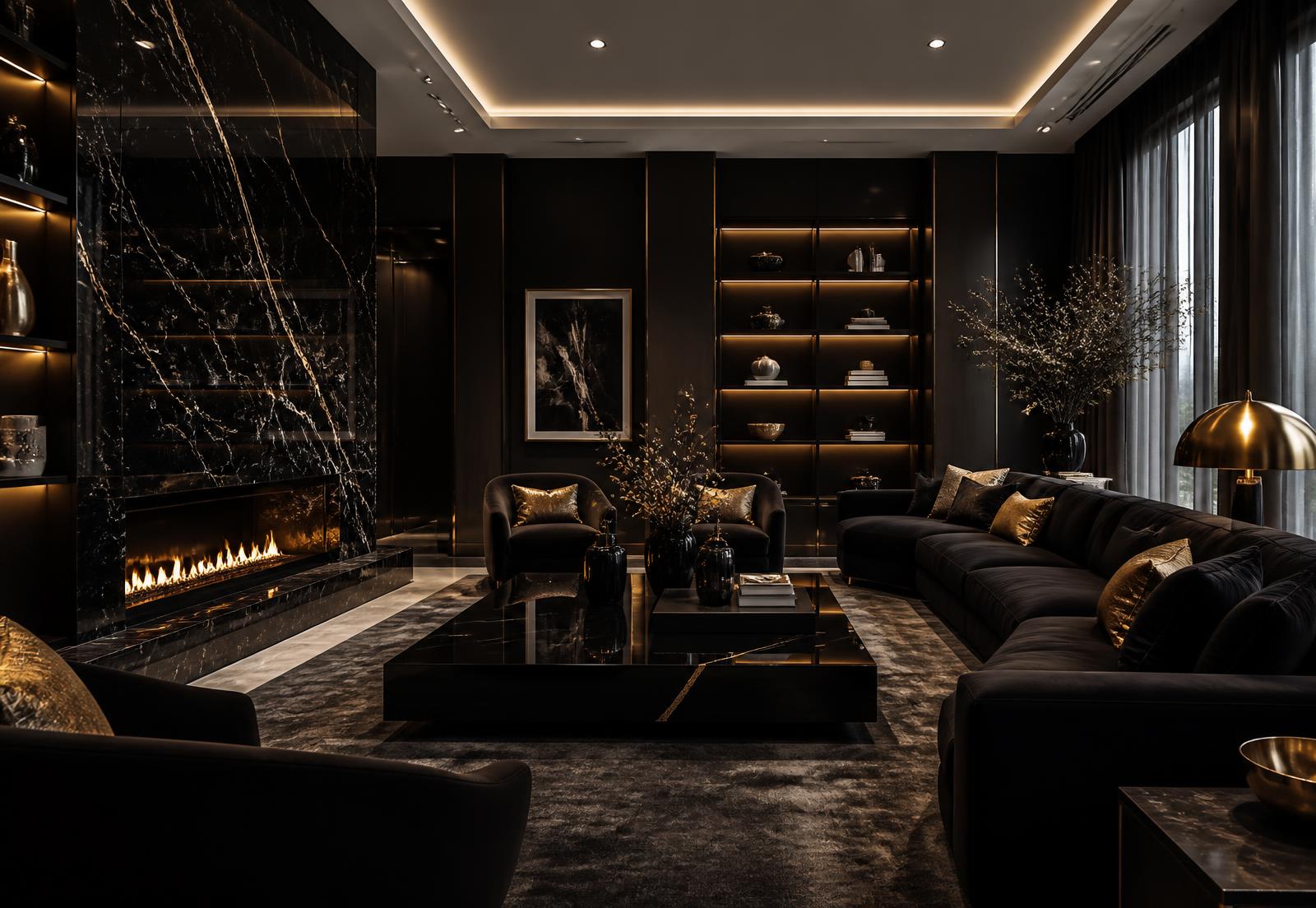 Immaculate dark luxury living room with gold accents